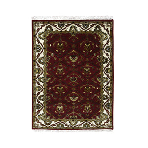 2'1"x3'2" Burgundy Red, Wool and Silk Hand Knotted, Rajasthan All Over Leaf Design Thick and Plush, Mat Oriental Rug FWR451674