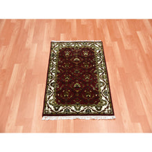Load image into Gallery viewer, 2&#39;1&quot;x3&#39;2&quot; Burgundy Red, Wool and Silk Hand Knotted, Rajasthan All Over Leaf Design Thick and Plush, Mat Oriental Rug FWR451674