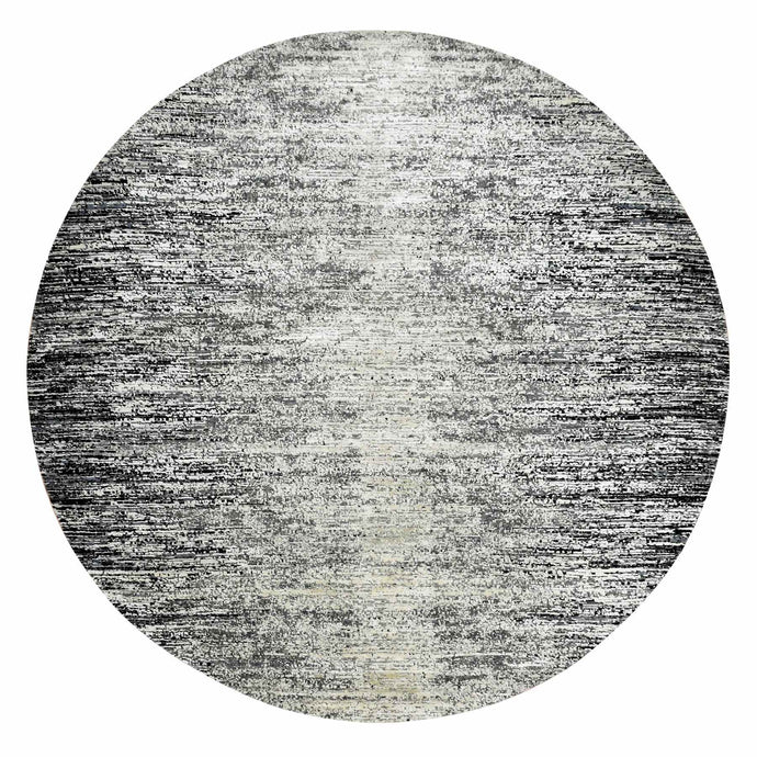 8'x8' Black with Touches of Gray, Striae Design, Wool and Pure Silk Hand Knotted, Round Oriental Rug FWR451722
