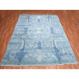 10'2"x10'2" Sky Blue, Hand Knotted Jewellery Design with Soft Colors, Wool and Pure Silk, Square Oriental Rug FWR451746