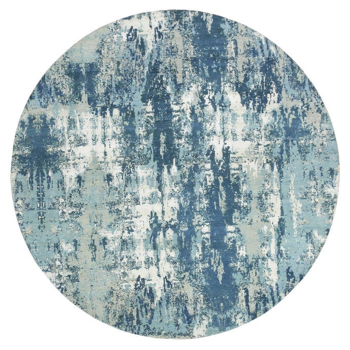9'x9' Oceanic Blue, Hand Knotted Abstract Design, Hi-Low Pile Pure Silk and Wool, Round Oriental Rug FWR451758