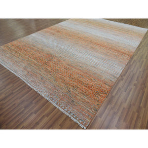 9'10"x13'10" Orange, Hand Knotted Modern Chiaroscuro Collection, Thick and Plush Pure Wool, Oriental Rug FWR475008