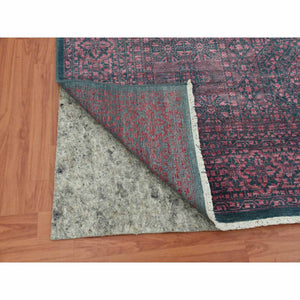 8'x9'9" Dark Green with Pop of Red, Obscured, Tone on Tone Mamluk Design, Wool and Silk Hand Knotted, Oriental Rug FWR475638