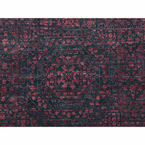 8'x9'9" Dark Green with Pop of Red, Obscured, Tone on Tone Mamluk Design, Wool and Silk Hand Knotted, Oriental Rug FWR475638