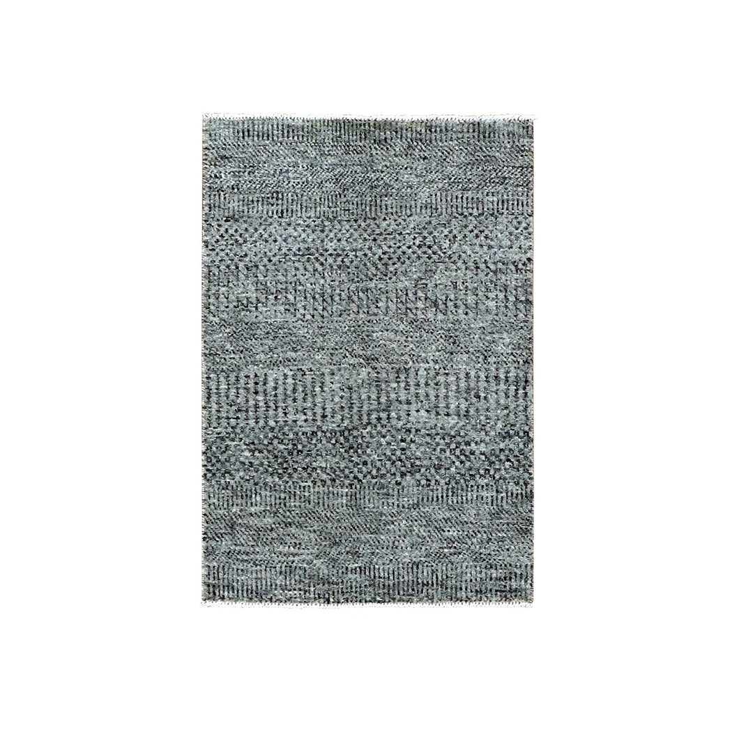2'x3' Medium Gray, Hand Knotted, Modern Grass Design, Natural Undyed Wool, Mat Oriental Rug FWR476904