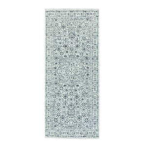 2'6"x6' Ghost White, Tone on Tone Design, Undyed 100% Wool, Hand Knotted, Mamluk Dynasty, Runner Oriental Rug FWR477006