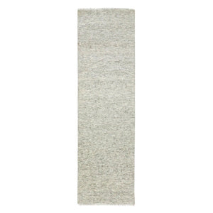 2'6"x9'3" Goose Gray, Tone on Tone, Modern Grass Design, 100% Undyed Wool, Hand Knotted, Runner Oriental Rug FWR477204