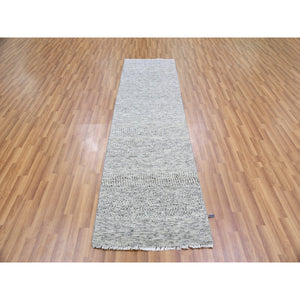 2'6"x9'3" Goose Gray, Tone on Tone, Modern Grass Design, 100% Undyed Wool, Hand Knotted, Runner Oriental Rug FWR477204