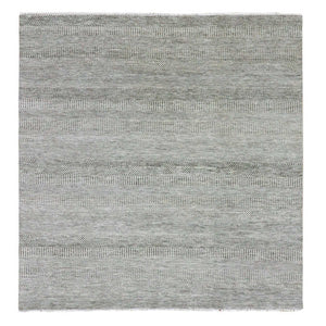 8'x8' Silver Gray, Modern Grass Design, Tone on Tone, Undyed 100% Wool, Hand Knotted, Square Oriental Rug FWR477354