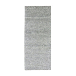 4'1"x12'1" Metallic Gray, Pure Undyed Wool, Tone on Tone, Modern Grass Design, Hand Knotted, Wide Runner Oriental Rug FWR477414