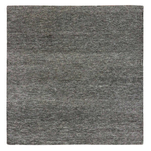 6'x6'1" Steel Gray, Undyed Pure Wool, Modern Grass Design, Hand Knotted, Tone on Tone, Square Oriental Rug FWR477564
