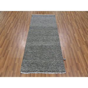 2'8"x6'2" Dolphin with Cloud Gray, Hand Knotted, Modern Grass Design, Tone on Tone, Natural Undyed Wool, Runner Oriental Rug FWR477618