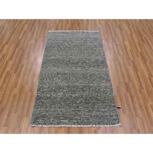 3'x5' Graphite and Rustic Gray, Pure Undyed Wool, Tone on Tone, Modern Grass Design, Hand Knotted, Oriental Rug FWR477630