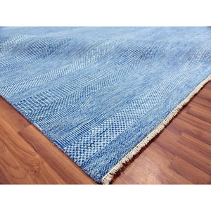 9'1"x12'3" Yonder Blue, Modern Grass Design Dense Weave, Tone on Tone Soft Pile, Dyed, Wool and Silk Hand Knotted, Oriental Rug FWR477648