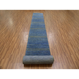 2'5"x20' Aegean Blue, Modern Tone on Tone Grass Design, Hand Knotted, Dyed Organic Wool, XL Runner Oriental Rug FWR477708