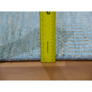 2'6"x16'3" Ocean Blue, Hand Knotted , Tone on Tone, Densely Woven, Soft Pile, Dyed, Wool and Silk, Modern Grass Design, XL Runner Oriental Rug FWR477714