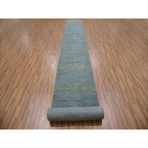 2'6"x20' Chelsea Blue, XL Runner Grass Design Tone on Tone, Hand Knotted, Natural Dyed Wool Oriental Rug FWR477732