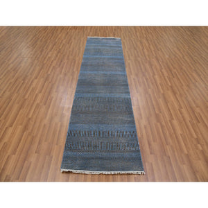 2'7"x9'6" Ruddy Blue, Hand Knotted Grass Design, Densely Woven Tone on Tone, Soft Pile, Dyed, Wool and Silk, Runner Oriental Rug FWR477738
