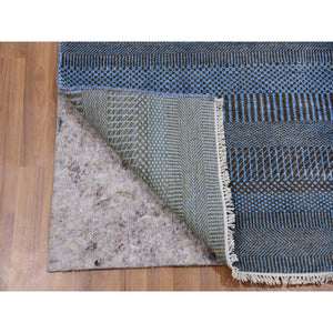 2'7"x9'6" Ruddy Blue, Hand Knotted Grass Design, Densely Woven Tone on Tone, Soft Pile, Dyed, Wool and Silk, Runner Oriental Rug FWR477738