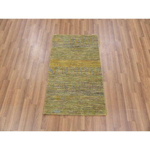 2'x3'1" Moss Green, 100% Dyed Wool, Hand Knotted, Tone on Tone, Modern Grass Design, Mat Oriental Rug FWR477786