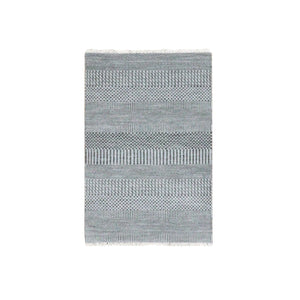 2'2"x3'3" Metallic Gray, Natural Dyed Wool, Modern Grass Design, Hand Knotted, Tone on Tone, Mat Oriental Rug FWR477834