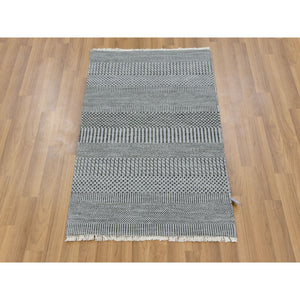 2'2"x3'3" Metallic Gray, Natural Dyed Wool, Modern Grass Design, Hand Knotted, Tone on Tone, Mat Oriental Rug FWR477834