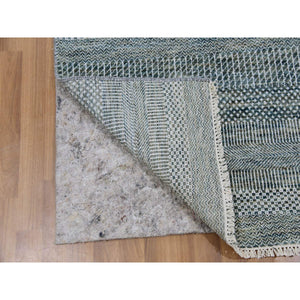 3'x5'2" Queen Blue, Tone on Tone Soft Pile, Dyed, Wool and Silk Hand Knotted, Grass Design Densely Woven, Oriental Rug FWR477858