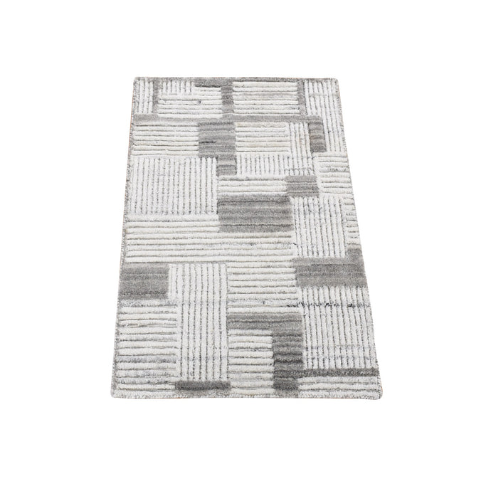 2'x3' Light Gray, Modern Geometric Art Deco Style, Textured Hi and Lo Pure Wool Hand Loomed, Mat Oriental Rug FWR481998