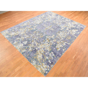 8'10"x11'7" Light Purple with Touches of Gold Color, Modern Transitional Design, Wool and Silk, Hand Knotted Oriental Rug FWR482664