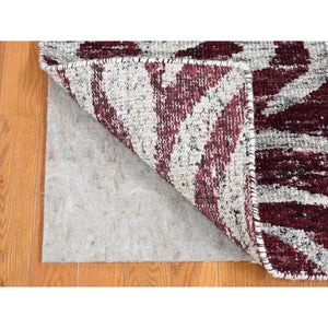 2'x3' Ivory and Burgundy Red, Modern with Tree Bark Design, Hand Knotted Sari Silk, Mat Oriental Rug FWR483684