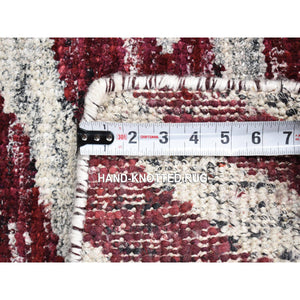 2'x3' Ivory and Burgundy Red, Modern with Tree Bark Design, Hand Knotted Sari Silk, Mat Oriental Rug FWR483684