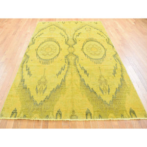 6'2"x9'2" Overdyed Yellow Cast, Uzbek Ikat Design, Pure Wool Hand Knotted, Oriental Rug FWR483930