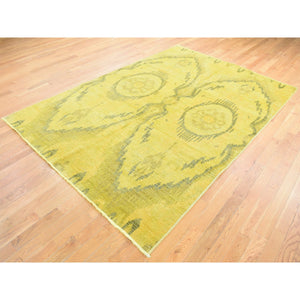 6'2"x9'2" Overdyed Yellow Cast, Uzbek Ikat Design, Pure Wool Hand Knotted, Oriental Rug FWR483930