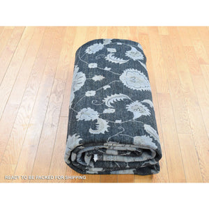 9'x12' Black Overdyed Afghan Peshawar with All Over Design, Hand Knotted Pure Wool, Oriental Rug FWR483960