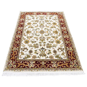 4'x6'2" Ivory, Rajasthan with All Over Leaf Scroll Flower Design, Wool and Silk, Hand Knotted Oriental Rug FWR484320