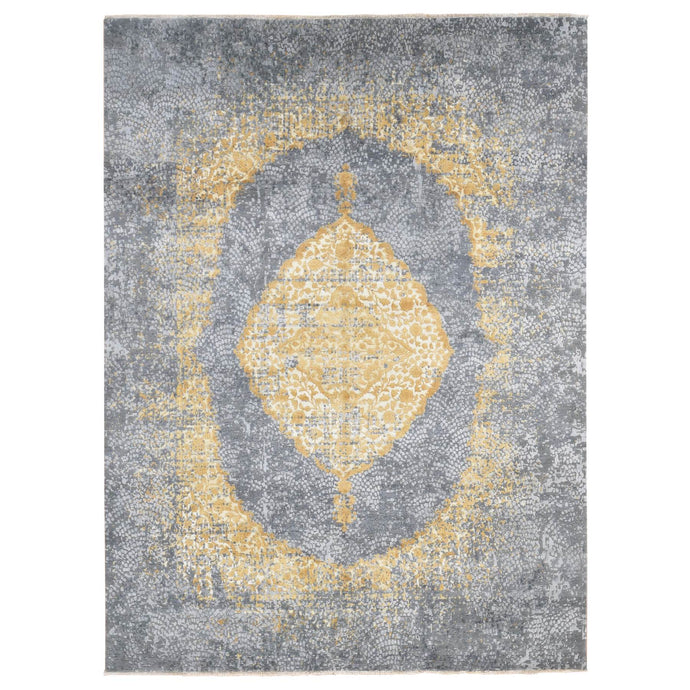 9'x12' Gray and Gold, Persian Large Medallion Design, Wool and Pure Silk Hand Knotted, Oriental Rug FWR484368