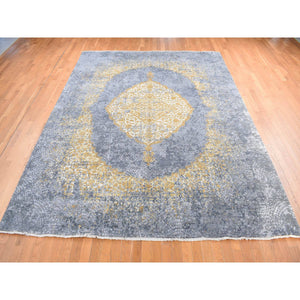 9'x12' Gray and Gold, Persian Large Medallion Design, Wool and Pure Silk Hand Knotted, Oriental Rug FWR484368