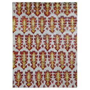 9'x12'1" Ivory, Thick, Man Made Silk, Geometric Repetitive Colorful Tribal Motif, On Clearance, Modern Ikat Design, Hand Knotted, Oriental Rug FWR484920