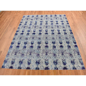 8'x10' Purple, Repetitive Geometric Flower Design, Sari Silk with Textured Wool, Hand Knotted, Oriental Rug FWR485046