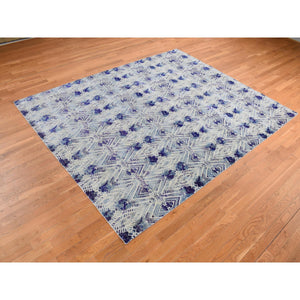 8'x10' Purple, Repetitive Geometric Flower Design, Sari Silk with Textured Wool, Hand Knotted, Oriental Rug FWR485046