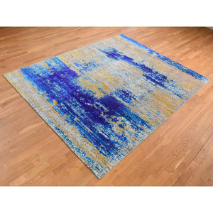 7'10"x10' Gold Color, Sari Silk with Textured Wool, Abstract Design, Hand Knotted, Oriental Rug FWR485088
