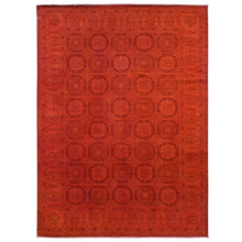 Load image into Gallery viewer, 9&#39;x12&#39;2&quot; Scarlet Red, Hand Knotted, Overdyed Repetitive Block and Rosette Afghan Beshir Design, Pure Wool, Oriental Rug FWR485406