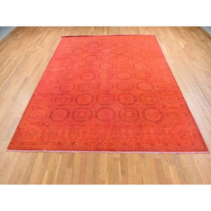 9'x12'2" Scarlet Red, Hand Knotted, Overdyed Repetitive Block and Rosette Afghan Beshir Design, Pure Wool, Oriental Rug FWR485406