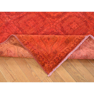 9'x12'2" Scarlet Red, Hand Knotted, Overdyed Repetitive Block and Rosette Afghan Beshir Design, Pure Wool, Oriental Rug FWR485406