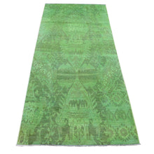 Load image into Gallery viewer, 4&#39;2&quot;x10&#39;5&quot; Avocado Green, On Clearance, Hand Knotted, Overdyed Ikat, Pure Wool, Wide Runner Oriental Rug FWR485454