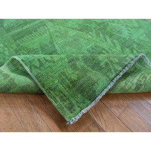 4'2"x10'5" Avocado Green, On Clearance, Hand Knotted, Overdyed Ikat, Pure Wool, Wide Runner Oriental Rug FWR485454