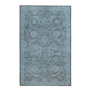 5'9"x9' Arctic Blue, Silver Wash Peshawar, Hand Knotted, Pure Wool, Oriental Rug FWR485502