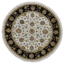 Load image into Gallery viewer, 8&#39;x8&#39; Ivory, Hand Knotted, Rajasthan Design, Half Wool and Half Silk, Thick and Plush, Round Oriental Rug FWR485556