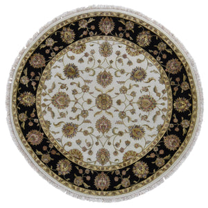 8'x8' Ivory, Hand Knotted, Rajasthan Design, Half Wool and Half Silk, Thick and Plush, Round Oriental Rug FWR485556