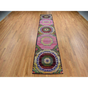 3'1"x15'5" Ruby Red, Sari Silk with Textured Wool, Hand Knotted, Mamluk Design, XL Runner Oriental Rug FWR485676